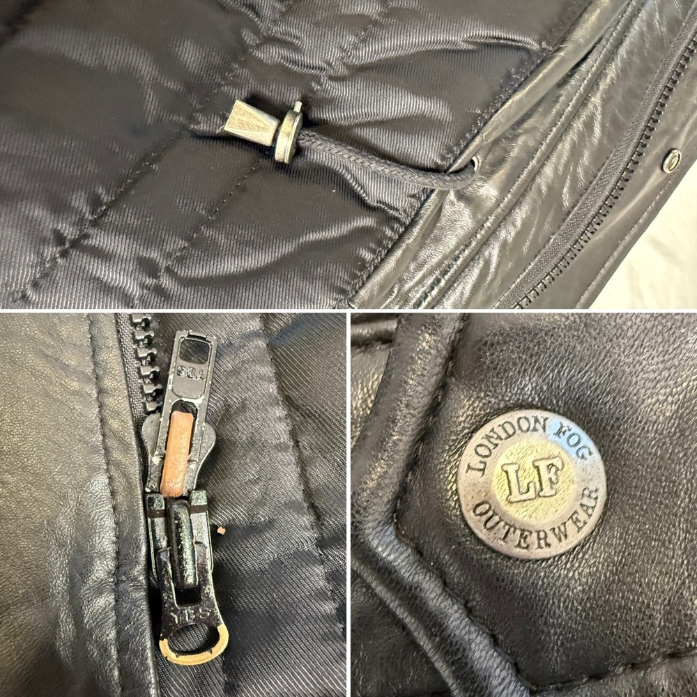 90s Minimalist Black Leather Field Jacket London Fog Utility Coat Lined S - Picture 8 of 15